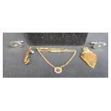 Collection of Gold Tone and Vintage Jewelry Including Gold Tone Chain, Brooch, and Pendants
