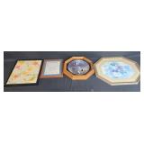 Set of 4 Decorative Framed Artwork Including Floral Stitching, Grandma Poem, and Bird Plate