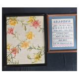 Set of 4 Decorative Framed Artwork Including Floral Stitching, Grandma Poem, and Bird Plate