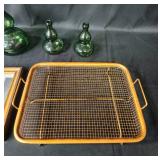 Collection of Vintage Items Including Glass Bottles, Framed Art, and Wire Rack