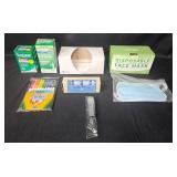 Assorted Health and Office Supplies Lot Including Eye Drops, Face Masks, and Washable Markers
