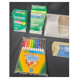 Assorted Health and Office Supplies Lot Including Eye Drops, Face Masks, and Washable Markers