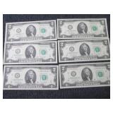 6 Uncirculated, Sequential $2 Bills...