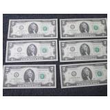 6 Uncirculated, Sequential $2 Bills...