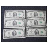 6 Uncirculated, Sequential $2 Bills...