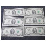 6 Uncirculated, Nonsequential $2 Bi...