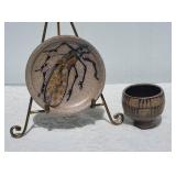 Vintage Rock Hard Stoneware Studio Art Ceramic Cup & Saucer with Handpainted Cicada Design