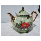 Vintage Lefton Handpainted Fine China Teapot - Green Floral / Polished Gold