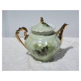 Vintage Lefton Handpainted Fine China Teapot - Green Floral / Polished Gold