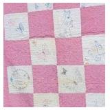 Vintage Feed Sack Pink Quilt 12 Block Embriodered Nursery Quilt