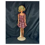 VINTAGE BLONDE BARBIE WITH STAND WEARING PLAID DRESS