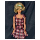 VINTAGE BLONDE BARBIE WITH STAND WEARING PLAID DRESS