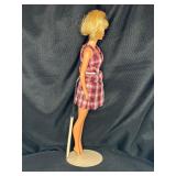 VINTAGE BLONDE BARBIE WITH STAND WEARING PLAID DRESS