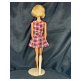 VINTAGE BLONDE BARBIE WITH STAND WEARING PLAID DRESS