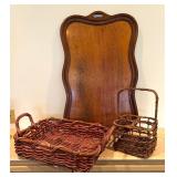 Large Vintage Wooden Decorative Tray with Baskets