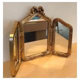 Vintage Florentine Gold Gilt Style Trifold Vanity Standing Mirror Tabletop