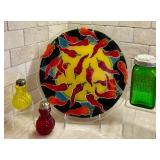 Gorgeous Vintage Red, Yellow and Green Salt and Pepper Shakers and Peggy Karr Fused Glass Plate