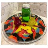 Gorgeous Vintage Red, Yellow and Green Salt and Pepper Shakers and Peggy Karr Fused Glass Plate