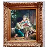 Original Framed Oil on Canvas “The Knitting Lesson" after the Famous Emile Munier
