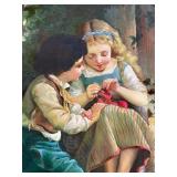 Original Framed Oil on Canvas “The Knitting Lesson" after the Famous Emile Munier