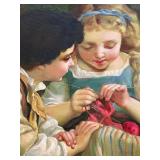 Original Framed Oil on Canvas “The Knitting Lesson" after the Famous Emile Munier