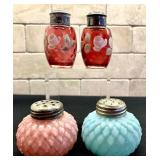 Pair of Hand Painted Antique Ruby Red Enamel Salt Peppers and Two Victorian Consolidated Glass Satin Cased Glass Shell Shakers