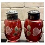 Pair of Hand Painted Antique Ruby Red Enamel Salt Peppers and Two Victorian Consolidated Glass Satin Cased Glass Shell Shakers