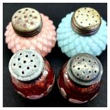 Pair of Hand Painted Antique Ruby Red Enamel Salt Peppers and Two Victorian Consolidated Glass Satin Cased Glass Shell Shakers