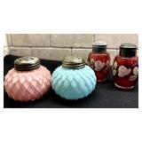 Pair of Hand Painted Antique Ruby Red Enamel Salt Peppers and Two Victorian Consolidated Glass Satin Cased Glass Shell Shakers