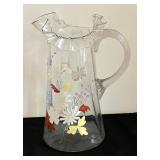 Antique Crimped Edge Hand Painted Glass Pitcher