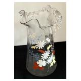Antique Crimped Edge Hand Painted Glass Pitcher