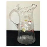 Antique Crimped Edge Hand Painted Glass Pitcher