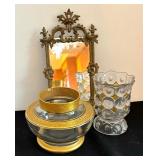 Vintage Golden Accented Dishes and Mirror including a Vintage Kemple Glass Spooner Moon and Star Jeweled Clear Glass