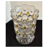 Vintage Golden Accented Dishes and Mirror including a Vintage Kemple Glass Spooner Moon and Star Jeweled Clear Glass