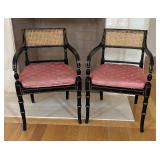 Pair of Vintage Ebonized, Gilt and Caned Side Arm Chairs