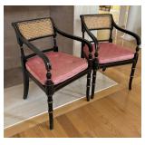 Pair of Vintage Ebonized, Gilt and Caned Side Arm Chairs