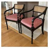 Pair of Vintage Ebonized, Gilt and Caned Side Arm Chairs