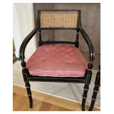 Pair of Vintage Ebonized, Gilt and Caned Side Arm Chairs