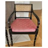 Pair of Vintage Ebonized, Gilt and Caned Side Arm Chairs