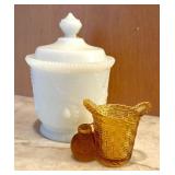 Vintage Amber Glass Toothpick Holder and Lidded Milk Glass Dish