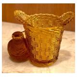 Vintage Amber Glass Toothpick Holder and Lidded Milk Glass Dish