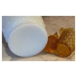 Vintage Amber Glass Toothpick Holder and Lidded Milk Glass Dish