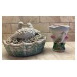 Pretty Vintage Pottery Vase and Birds in Nest Trinket Dish