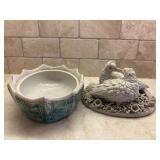 Pretty Vintage Pottery Vase and Birds in Nest Trinket Dish