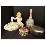 Vintage Trinket Boxes Cherub Figurine Dish and Petite Mirror