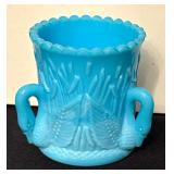 Vintage Westmoreland Blue Slag Swan Motif Glass Toothpick Holder
