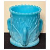 Vintage Westmoreland Blue Slag Swan Motif Glass Toothpick Holder