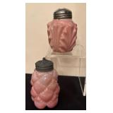 Consolidated Glass Rose Blosj Palm Leaf and Pink Florette Salt or Pepper Shakers