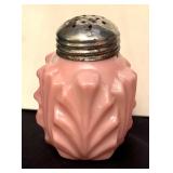 Consolidated Glass Rose Blosj Palm Leaf and Pink Florette Salt or Pepper Shakers
