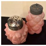 Consolidated Glass Rose Blosj Palm Leaf and Pink Florette Salt or Pepper Shakers